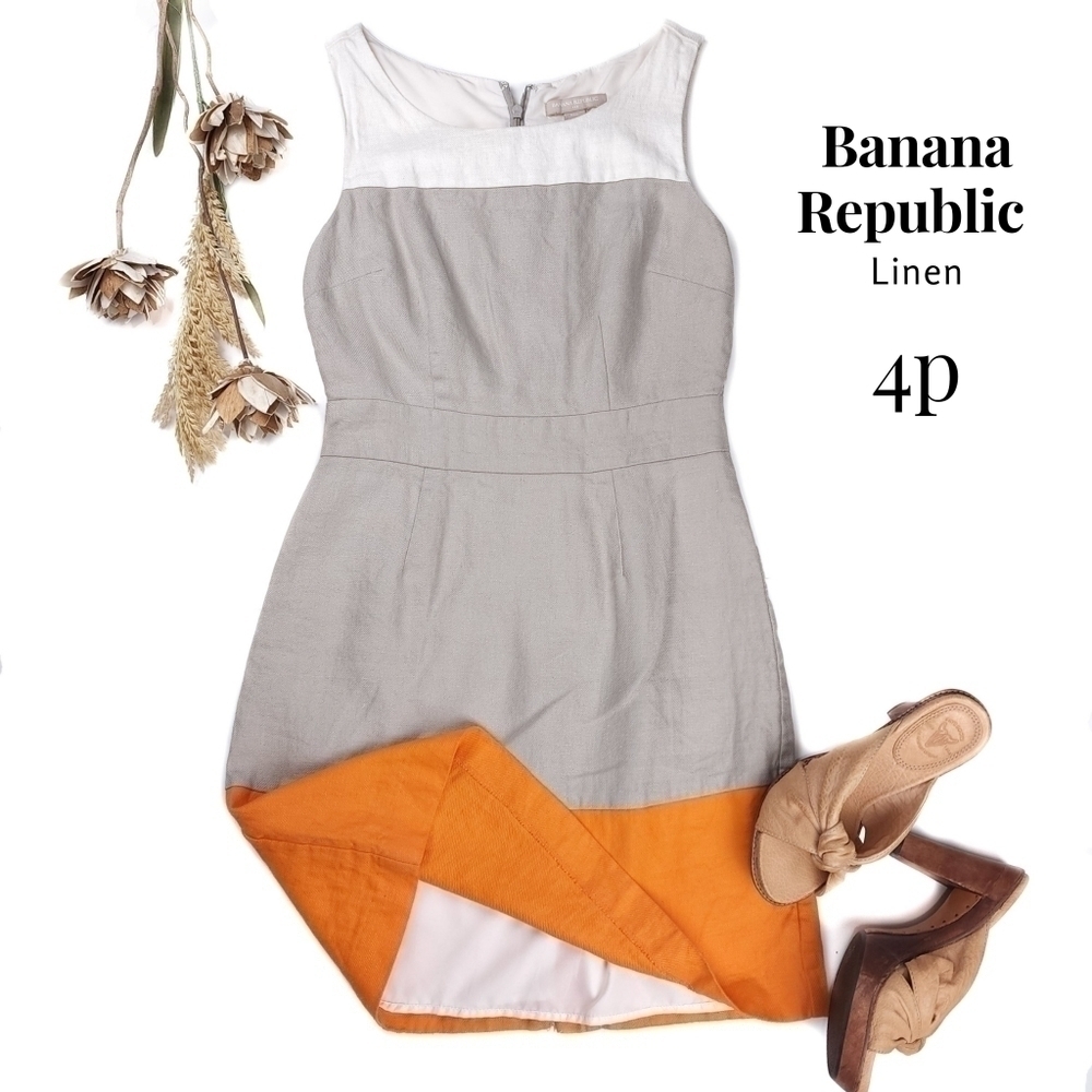Banana Republic Linen Cream Tan Orange Color Block Dress Sz 4p
